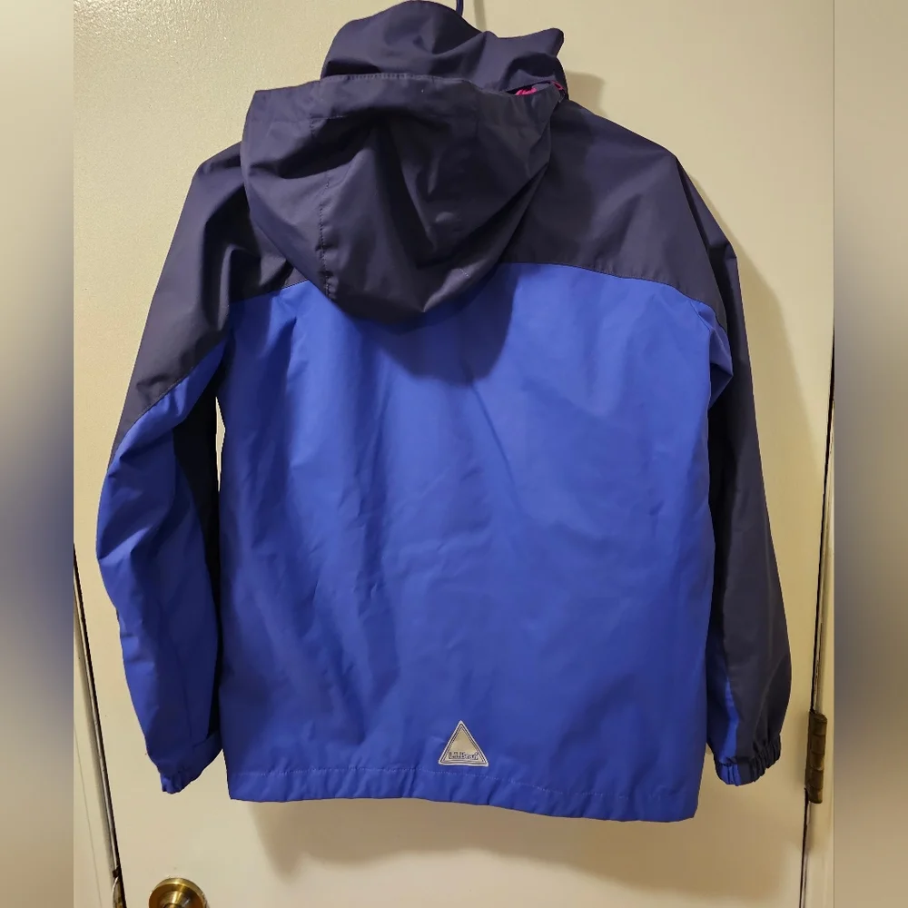 LL Bean Hooded Lined Windbreaker Jacket Blue/Pink Girl's Size L 14-16